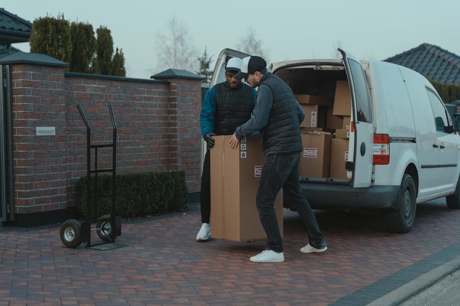 Two men are engaged in a home relocation process, unloading a large cardboard box from the back of a white removal van parked on a brick-paved driveway. One man, wearing a black quilted vest and dark pants, is holding the box steady while the other, dressed in a black jacket with blue sleeves, black pants, and a dark cap, is lifting the front end of the box. The open rear door of the van reveals several other cardboard boxes inside, some sealed with packing labels, ready for transport. A black hand truck with two wheels stands nearby on the driveway, indicating preparations for moving furniture or boxes efficiently. The surrounding environment features a brick wall, a hedge, and residential houses with tiled roofs, suggesting a suburban neighbourhood. The scene captures the loading process involved in professional removals, with natural lighting and a focus on careful handling and packaging of household items, typical of services offered by [COMPANY_NAME], as part of furniture transport and packing and moving logistics.