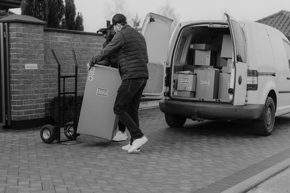 A man wearing a blue jacket and dark trousers is loading cardboard boxes and packaged furniture into the open cargo area of a white removal van parked on a city street. The van, associated with Removal Van Finchley, is positioned on a paved section of the pavement, with large rounded stone bollards separating it from the moving traffic and parked cars. Inside the van, visible wooden paneling and the interior space are used for transporting household belongings during a home relocation. The street backdrop features multi-storey buildings with classic architecture, leafless trees indicating a colder season, and overcast sky. The loading process includes the use of a trolley or dolly, and the scene captures the early stages of packing and moving, with the van part of a professional removals service.